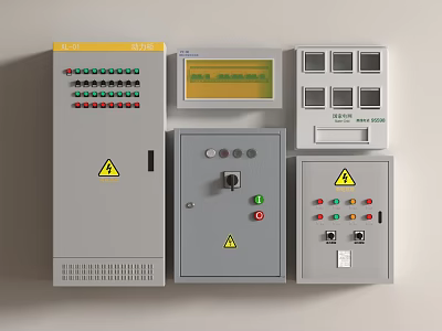Gray Industrial Control Cabinet Featuring Multiple Panels Display Screen Buttons Indicator Lights Warning Signs Switches 3d model