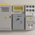 Gray Industrial Control Cabinet Featuring Multiple Panels Display Screen Buttons Indicator Lights Warning Signs Switches