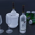 Elegant Wine Bottles And Glasses With Ice Bucket Green Soda Cans On Dark Background