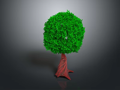 Lush Green Round Crown Tree with Distinctive Red Trunk on Neutral Gray Background 3d model