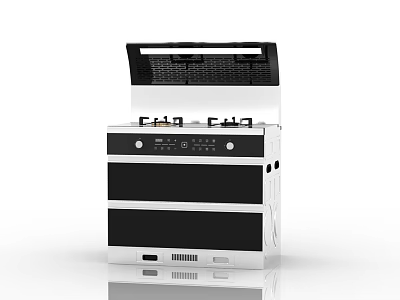 Modern Integrated Kitchen Stove With Gas Burners Flip Up Range Hood Black White Drawer Storage 3d model