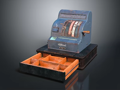 Vintage Commercial Cash Register With Open Drawer And Wooden Compartments 3d model