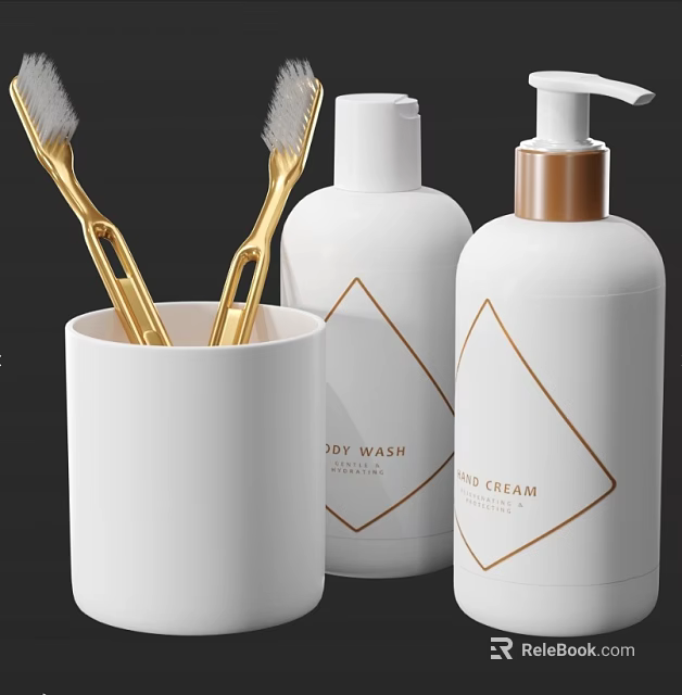 Modern Bathroom Accessories With White Gold Toothbrushes Tumbler Body Wash And Hand Cream 3d model 
