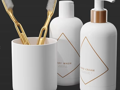 Modern Bathroom Accessories With White Gold Toothbrushes Tumbler Body Wash And Hand Cream 3d model