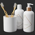 Modern Bathroom Accessories With White Gold Toothbrushes Tumbler Body Wash And Hand Cream