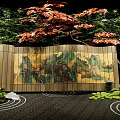 Traditional Garden With Wooden Screen Landscape Painting Red Maple Green Plants Moss And Stones