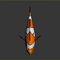 Vibrant orange and white striped clownfish with black fins and reflection on gray background