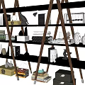 Modern Ladder Bookshelf Design With Wooden Shelves And Decorative Items