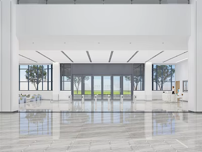 Spacious Modern Lobby Interior With Large Windows Glass Doors And Marble Flooring 3d model