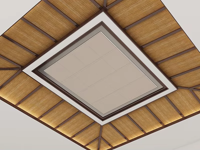 Brown Wooden Ceiling Design With White Square Panel And Decorative Strips 3d model