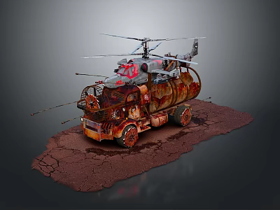 Rusty Vehicle Model With Helicopter Rotor On Cracked Ground Surface 3d model