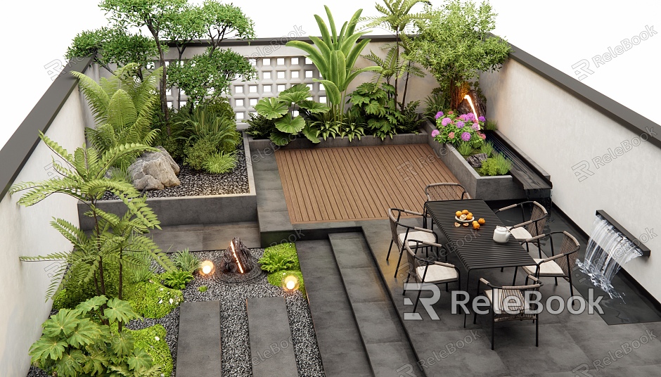 Modern Courtyard Garden Outdoor Table and Chair Waterscape Stone Flower Plant Flower Pond Plant Combination Plant Heap Shrub model