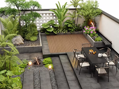 Cozy Courtyard Garden With Wooden Deck Dining Table Chairs Plants Stone Fire Pit And Lighting 3d model