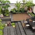 Cozy Courtyard Garden With Wooden Deck Dining Table Chairs Plants Stone Fire Pit And Lighting