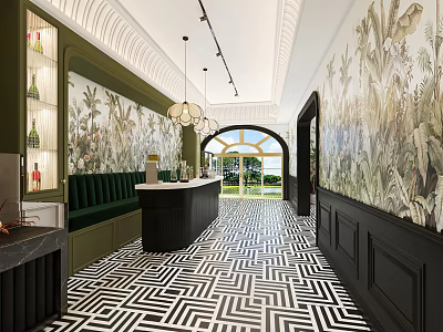 Hotel Lobby With Tropical Plant Murals Black White Geometric Flooring Green Banquette And Pendant Lights 3d model