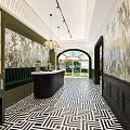 Hotel Lobby With Tropical Plant Murals Black White Geometric Flooring Green Banquette And Pendant Lights