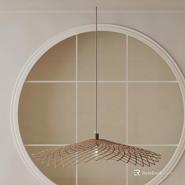 Minimalist Brown Woven Pendant Light With Circular Frame On Light Colored Wall 3d model