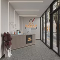 Modern Front Desk Reception Interior With Stylish Desk Decorative Plant And Glass Windows