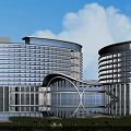 Modern Office Building Featuring Curved Glass Facade Water Pool Green Landscape Flowers and Blue Sky