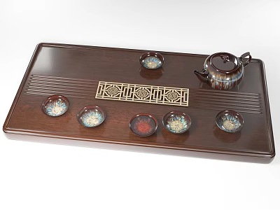 Traditional Wooden Tea Set With Teapot Cups And Golden Decorative Tray 3d model