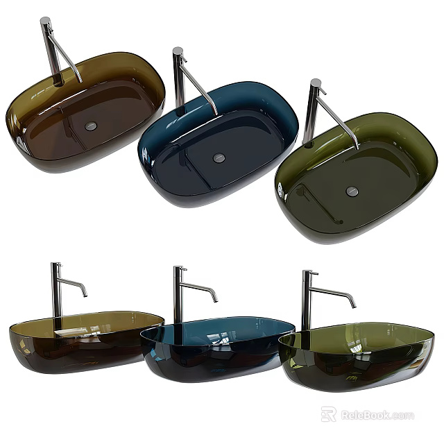 Stylish Transparent Glass Washbasins In Various Colors Including Brown Blue Green With Faucets 3d model 