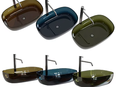 Stylish Transparent Glass Washbasins In Various Colors Including Brown Blue Green With Faucets 3d model