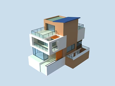 Modern Multi Story Detached Villa With Glass Facade Balconies Brown White Exterior And Blue Roof 3d model