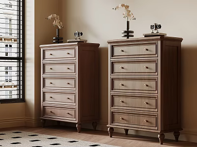 Wooden Dressers With Multiple Drawers And Metal Handles In Room By Window With Decorative Vases 3d model