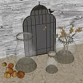 Vintage Decorative Ornament Combination With Metal Birdcage Glass Vases Berry Branches On Wooden Table