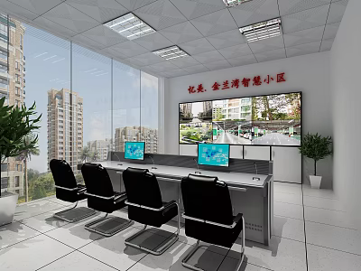 Modern Security Monitoring Room Interior With Large Surveillance Screen Multiple Monitors And Office Chairs 3d model