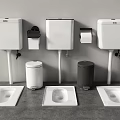 Squat Toilets with Wall Mounted Water Tanks Toilet Paper Holders and Gray White Trash Bins