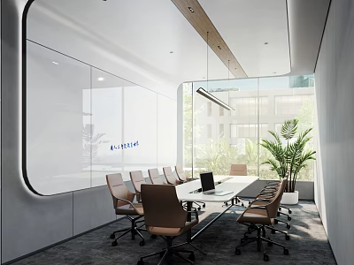 Modern Conference Room Interior With Long Table Chairs Whiteboard Large Window And Potted Plant 3d model