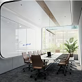 Modern Conference Room Interior With Long Table Chairs Whiteboard Large Window And Potted Plant