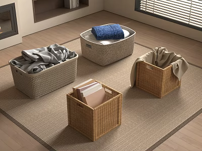 Woven Storage Baskets with Cloth Towel Book Storage for Home Organization on Living Room Floor 3d model