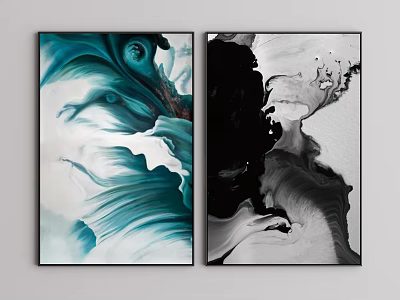 Abstract Wall Art Paintings With Blue Green And Black White Fluid Ink Effects 3d model