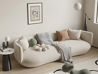 Cozy Beige Two Seater Sofa With Colorful Pillows Gray Blanket And Modern Side Table 3d model