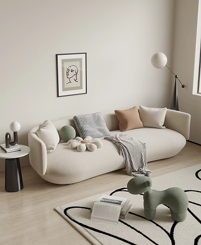 Cozy Beige Two Seater Sofa With Colorful Pillows Gray Blanket And Modern Side Table 3d model