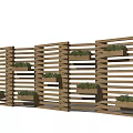 Wooden Slatted Feature Wall With Multiple Planter Boxes And Green Plants 3d model