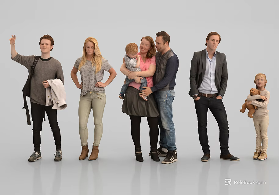 Group of People Standing Together With Different Ages And Casual Clothing 3d model 
