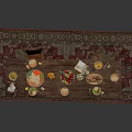 Wooden Dining Table Setup With Food Dishes Chairs And Traditional Patterned Rug