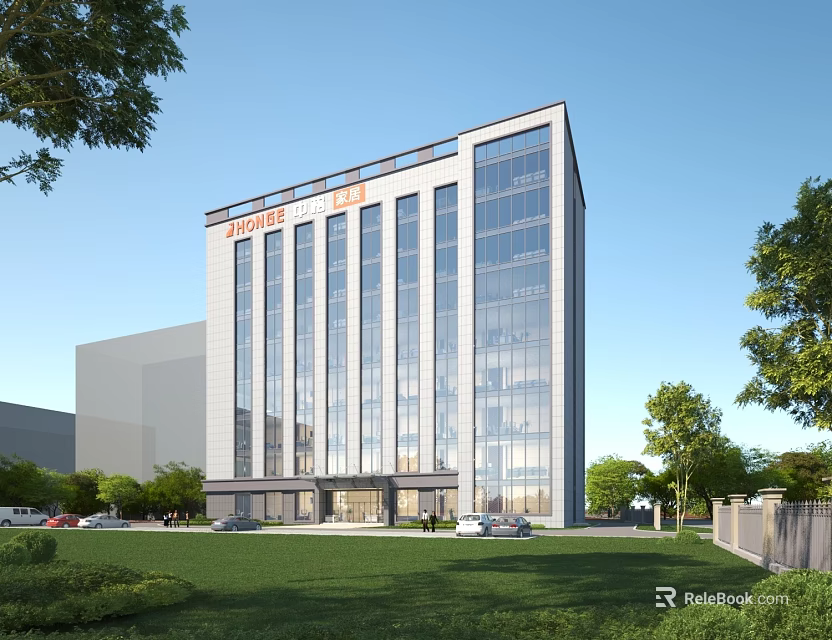 Modern Office Building With Glass Facade Green Lawn Trees And Parking Area 3d model 