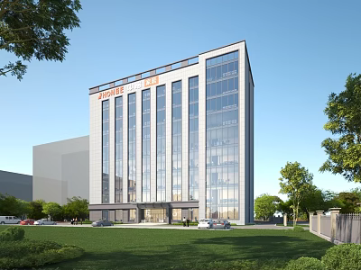 Modern Office Building With Glass Facade Green Lawn Trees And Parking Area 3d model