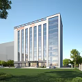Modern Office Building With Glass Facade Green Lawn Trees And Parking Area