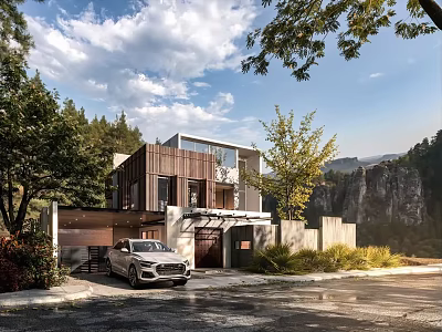 Modern Detached Villa with Mountain Views Trees Garage Car and Natural Surroundings 3d model