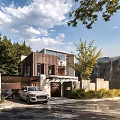 Modern Detached Villa with Mountain Views Trees Garage Car and Natural Surroundings