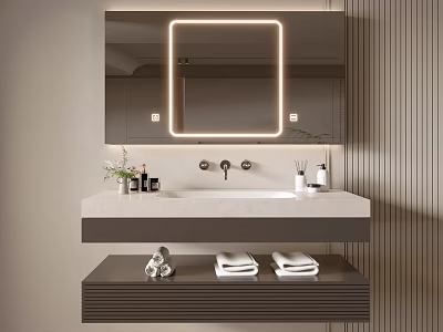Modern Bathroom Vanity Cabinet With LED Mirror White Countertop Faucet And Towels 3d model