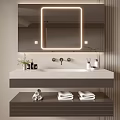 Modern Bathroom Vanity Cabinet With LED Mirror White Countertop Faucet And Towels