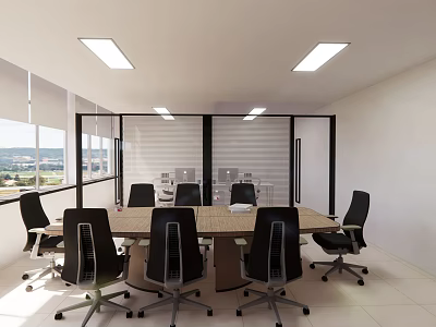 Modern Conference Room With Large Wooden Table Black Office Chairs And Glass Windows 3d model