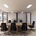 Modern Conference Room With Large Wooden Table Black Office Chairs And Glass Windows