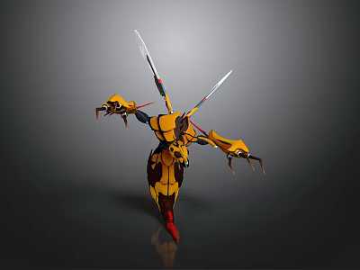 Yellow And Black Mechanical Insect 3D Model With Blade Like Structures And Red Bottom 3d model